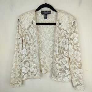 R & M Collection Floral Lace Shrug Jacket Women 12P Sequins Formal Wedding Cream
